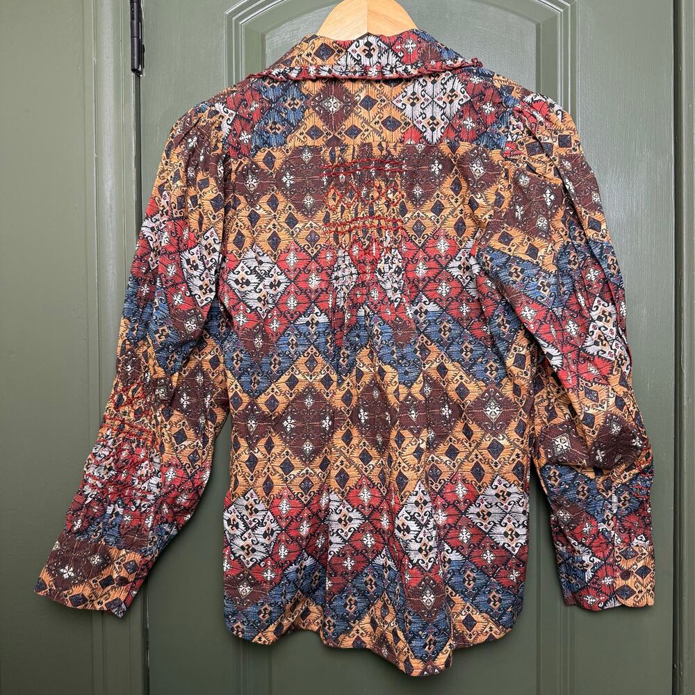 NWT Ro's Garden Gin Shirt Smocked Embroidered Boho Top Button Up Lachen Brown XS - Picture 4 of 6